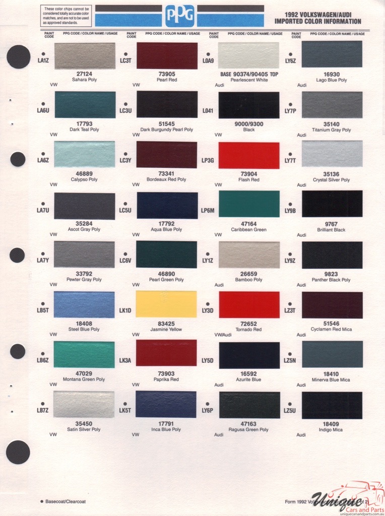 1992 Volkswagen Paint Charts PPG 1